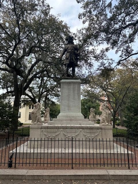 Monument to James Oglethorpe who either designed or implemented the city design of repeated neighborhood squares.