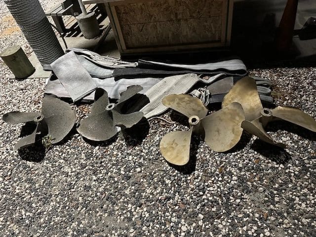 At Mar-Marina, damaged props from shallow waters outside of Crystal Bay (not ours!)