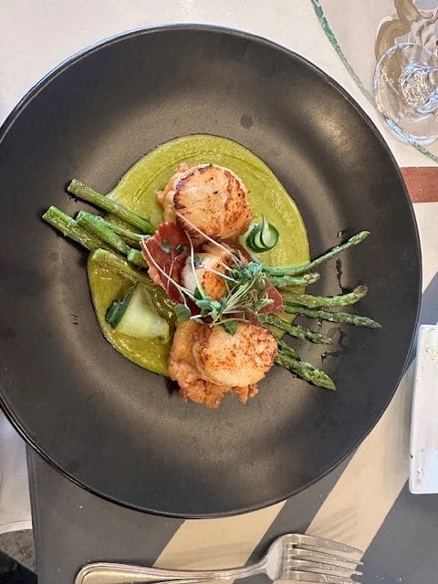 Best scallop dinner at Spoon River Artwork and Market (the cream cheese beneath popped when cut into).
