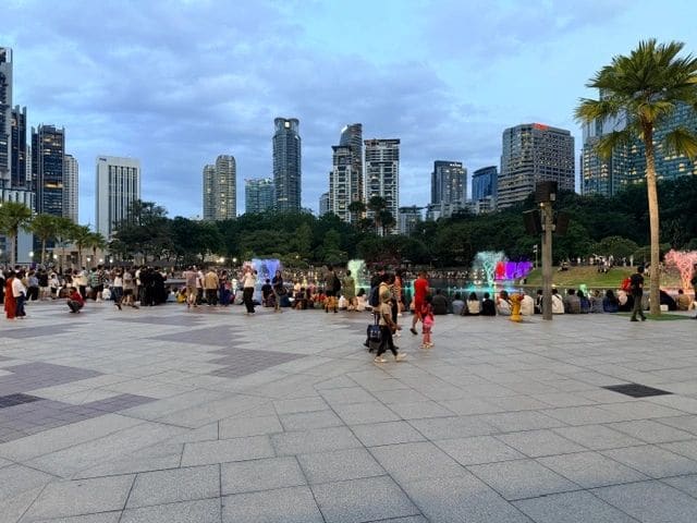 Very family-friendly area; The show is starting (pop music heard from restaurants behind us/in the mall)