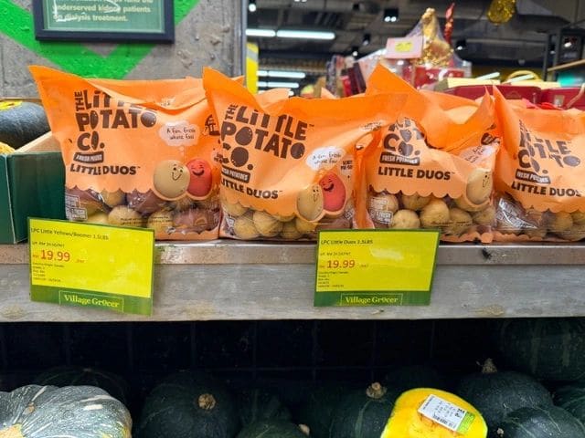 Starting walk through the market: Little potatos, $4.93