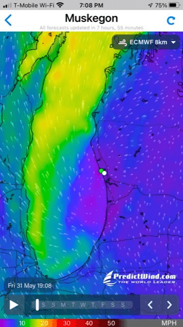 We're in the calm wave pocket! (White dot=destination; green dot=us))