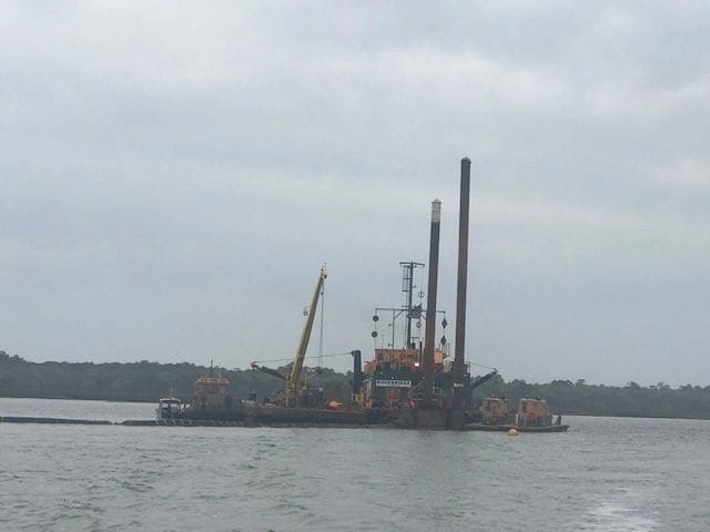 Narrow passage by a dredging operation en route from St. Augustine  to Jekyll Island.