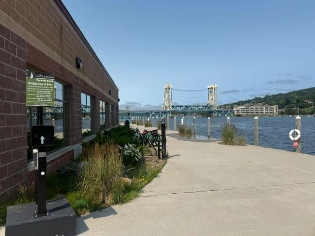 Houghton's waterfront. Possible to tie up here. A portion of the wall had electricity available - but it was a pretty long distance to water level (reminded us of the Waterford wall, entry to the Erie Canal).
